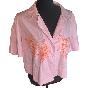 Anthropologie Maeve Pink and Orange Floral Button Down Shirt | Size L
